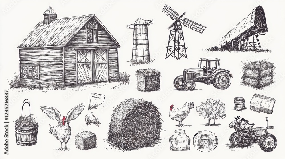 Fototapeta premium Farm Elements Illustration, Black and White