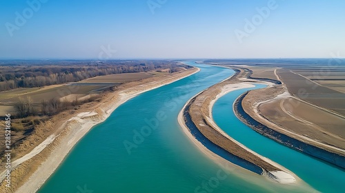 Aerial Canal Winding Through Farmland