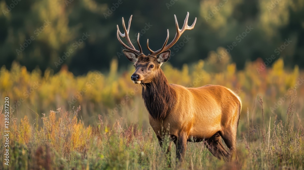 Majestic Male Elk Standing Proudly in a Colorful Meadow Majestic Male Elk Standing Proudly in a Colorful Meadow