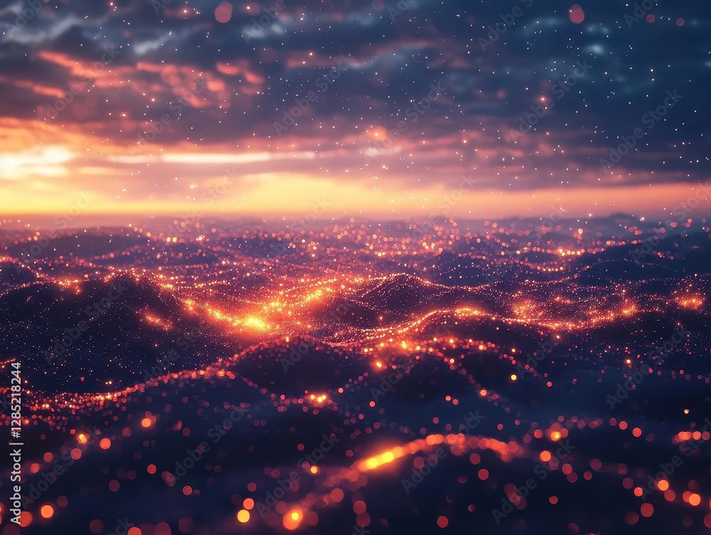 Fototapeta premium In the twilight with glowing holographic stars and sunset data, serene landscape, soft ambient lighting, photorealistic