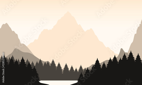 Vector brown mountain landscape with clean sky, calm river and pine trees silhouettes