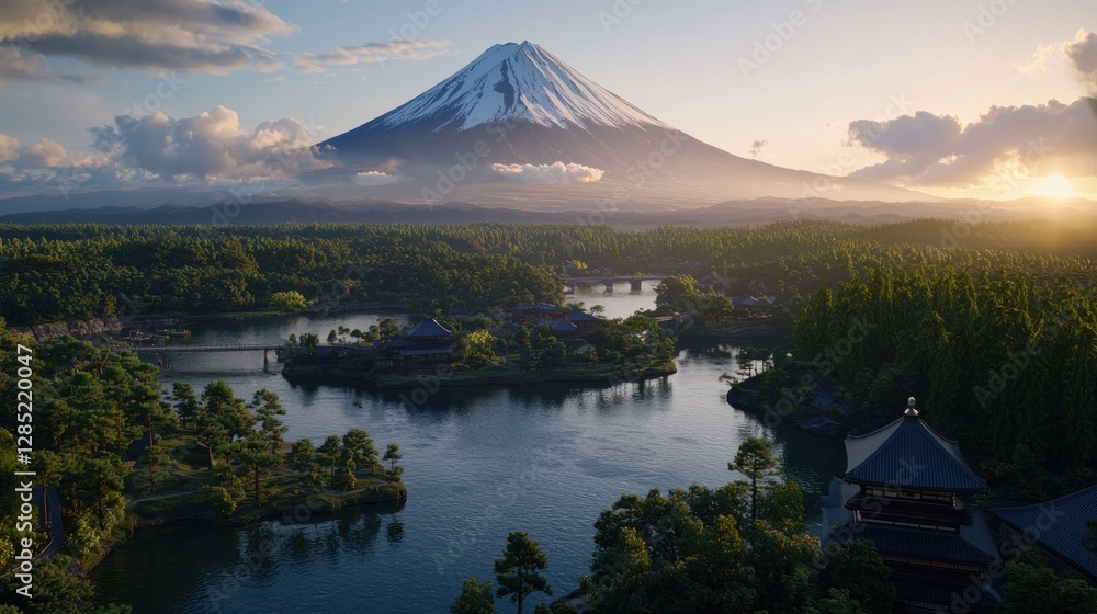 Obraz premium Serene landscape featuring Mount Fuji at sunset with lush greenery and tranquil waters