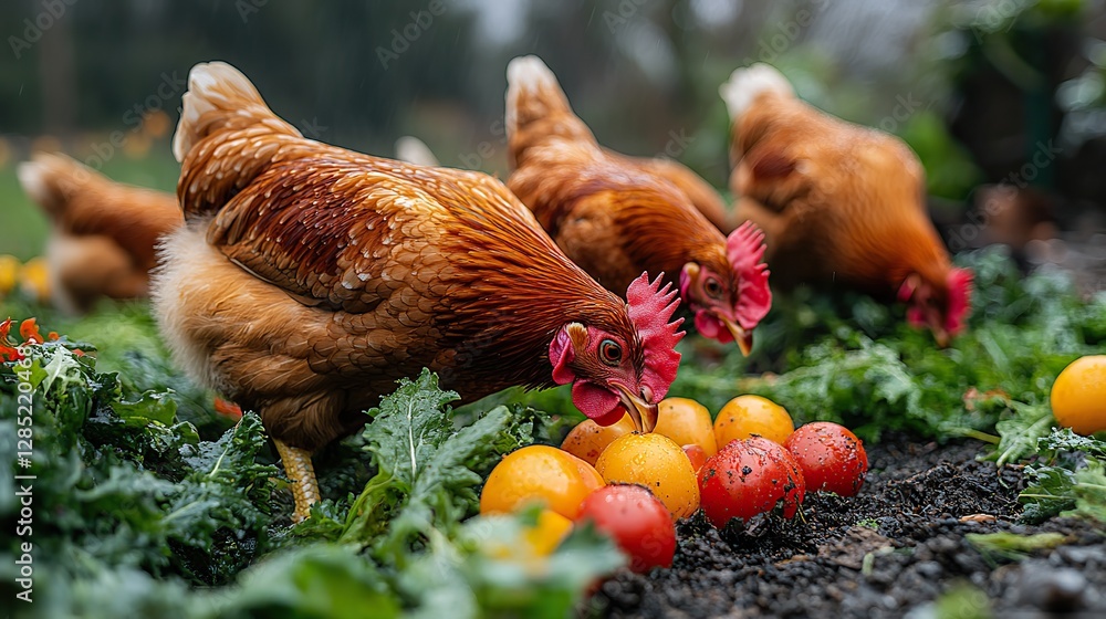 Fototapeta premium A close-up photo shows hungry chickens pecking at the ground.