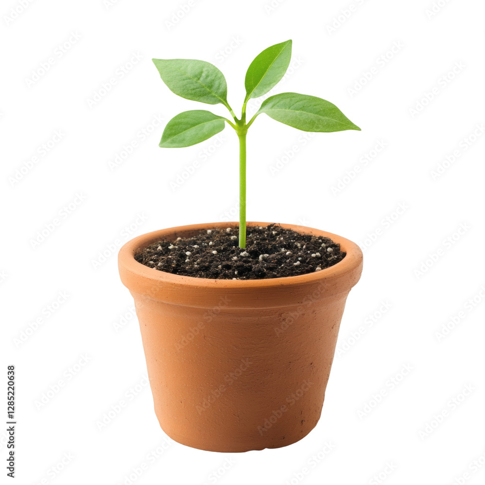 Seedling in terracotta pot isolated on transparent background Seedling in terracotta pot isolated on transparent background