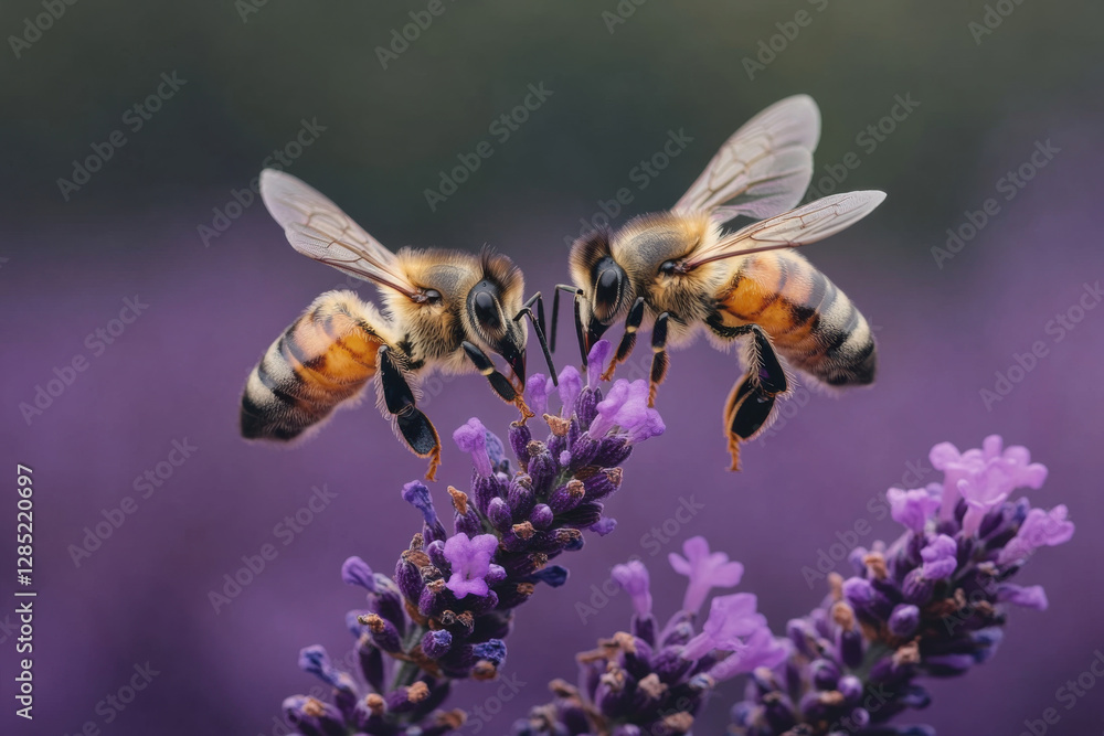 Two bees are on a purple flower Two bees are on a purple flower