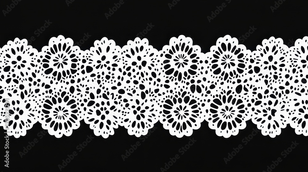 Fototapeta premium Elegant White Lace Border Floral Pattern Black Background Textile Design