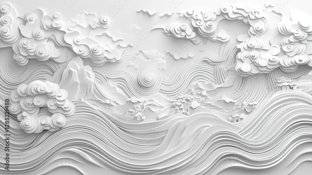Obraz premium White 3D Papercut Landscape Mountains Clouds Waves