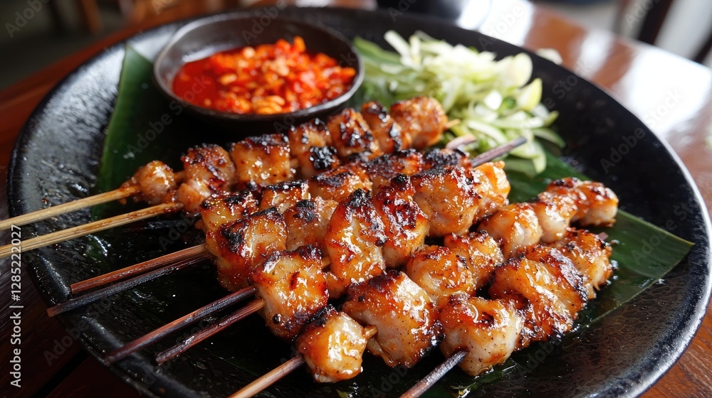 Delicious grilled meat skewers are presented on a black plate Delicious grilled meat skewers are presented on a black plate