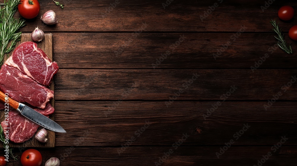 Fresh Raw Steak with Knife and Ingredients on Rustic Wooden Background Fresh Raw Steak with Knife and Ingredients on Rustic Wooden Background