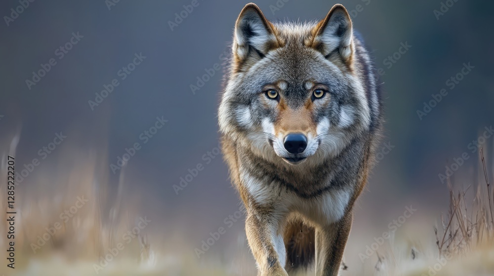 Majestic Wolf Walking Through Grassland in Soft Natural Light Majestic Wolf Walking Through Grassland in Soft Natural Light