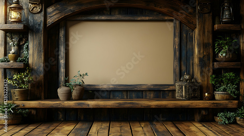 Rustic wooden alcove with blank display