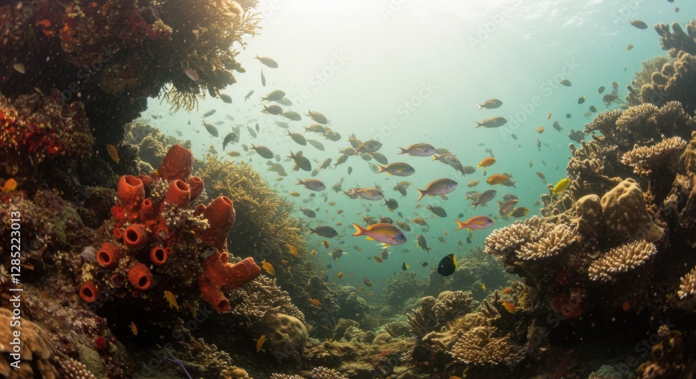 Naklejka premium Vibrant Coral Reef Ecosystem teeming with Fish and Diverse Marine Life