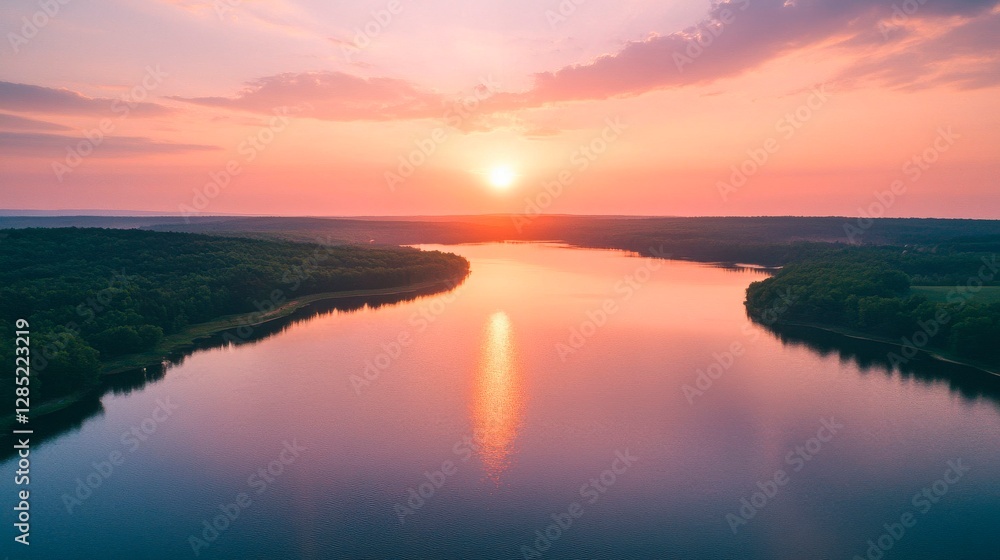 Fototapeta premium Serene Sunset Over Tranquil Lake Reflects Golden Hour Hues in Nature's Embrace.