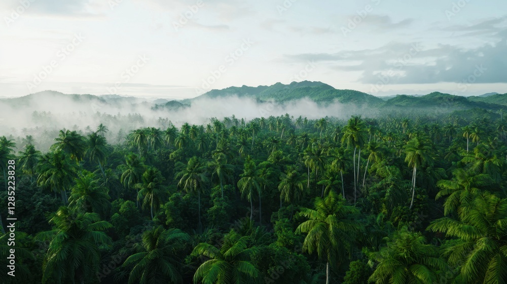 Lush green palm trees blanket a misty landscape, with mountains rising in the background under a serene sky, creating a tranquil tropical scene. Lush green palm trees blanket a misty landscape, with mountains rising in the background under a serene sky, creating a tranquil tropical scene.