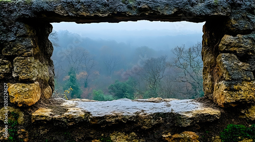 Stone wall window foggy forest view photo