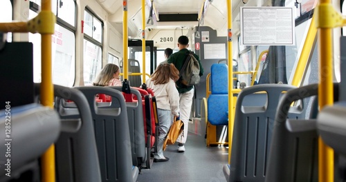 Fotografie Travel, transport and people exit bus for ride destination, passenger leaving and end of trip
