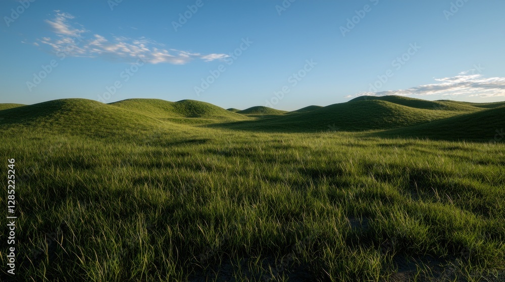 Obraz premium Lush green hills under a clear blue sky with soft clouds, creating a serene landscape scene