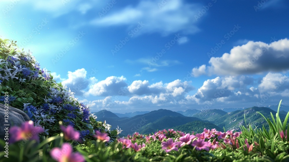 Vibrant mountain landscape with blooming flowers under a clear blue sky and fluffy clouds Vibrant mountain landscape with blooming flowers under a clear blue sky and fluffy clouds