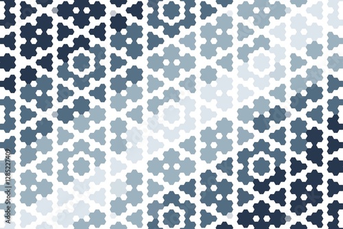 Hexagonal floral pattern in blue and navy soft tones, forming a geometric hexa tile mosaic with an intricate design. Abstract pattern concept