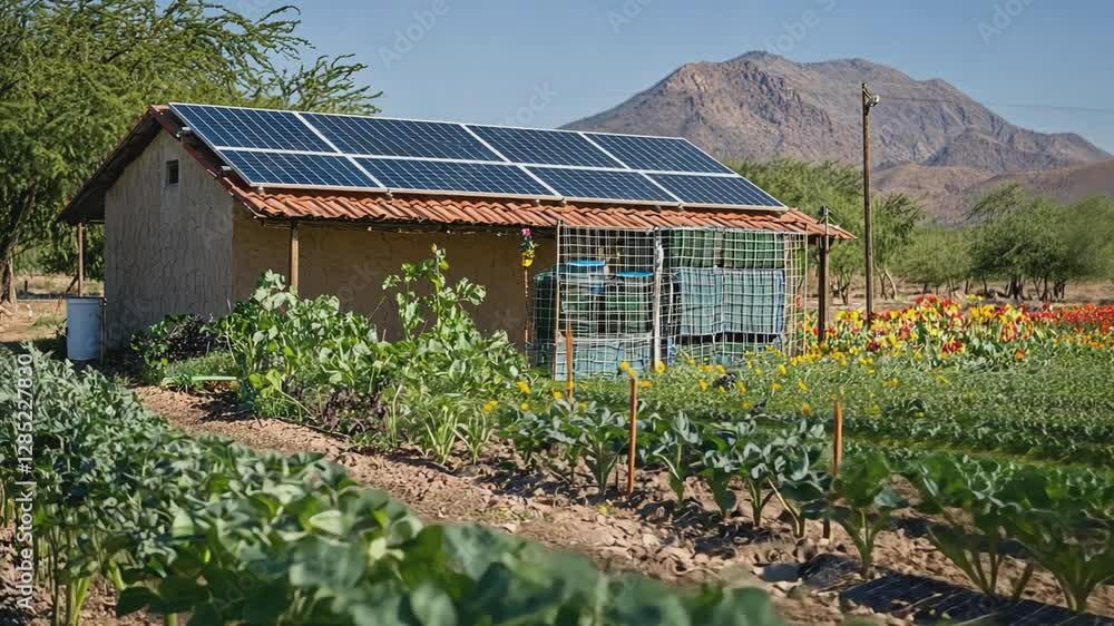 Sustainable Living: A charming, eco-friendly home integrates solar panels on its roof, nestled within a thriving garden. This idyllic scene paints a picture of sustainable living, renewable energy. Sustainable Living: A charming, eco-friendly home integrates solar panels on its roof, nestled within a thriving garden. This idyllic scene paints a picture of sustainable living, renewable energy.