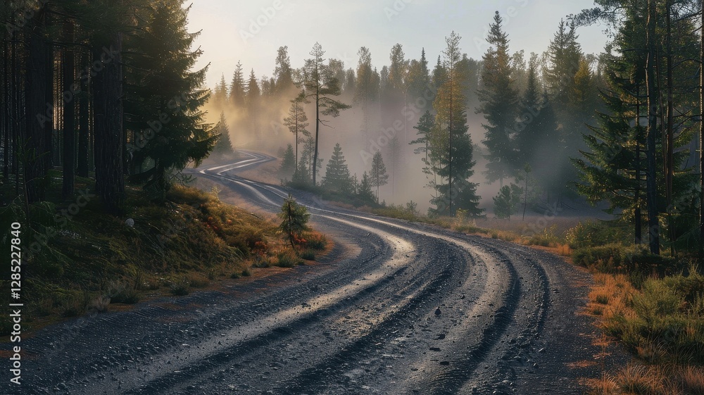 Obraz premium A serene gravel road winds through a misty forest landscape, showcasing the tranquility of nature. The scene is bathed in soft sunlight, creating a peaceful atmosphere.