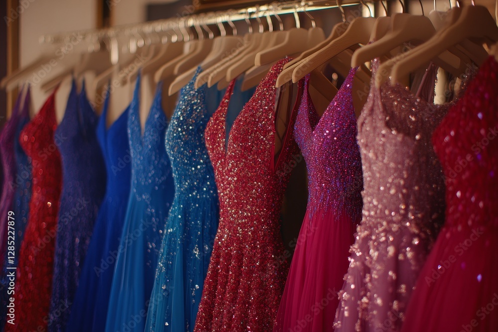 Colorful Evening Gowns Displayed on Hangers in Boutique Setting
