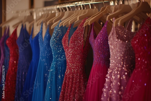 Obraz na płótnie Colorful Evening Gowns Displayed on Hangers in Boutique Setting w salonie