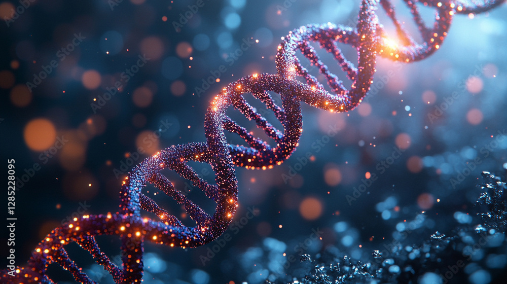 A futuristic spinning DNA strand surrounded by genetic codes and abstract geometric shapes, symbolizing advanced biotechnology, genetic research, and the future of human evolution A futuristic spinning DNA strand surrounded by genetic codes and abstract geometric shapes, symbolizing advanced biotechnology, genetic research, and the future of human evolution