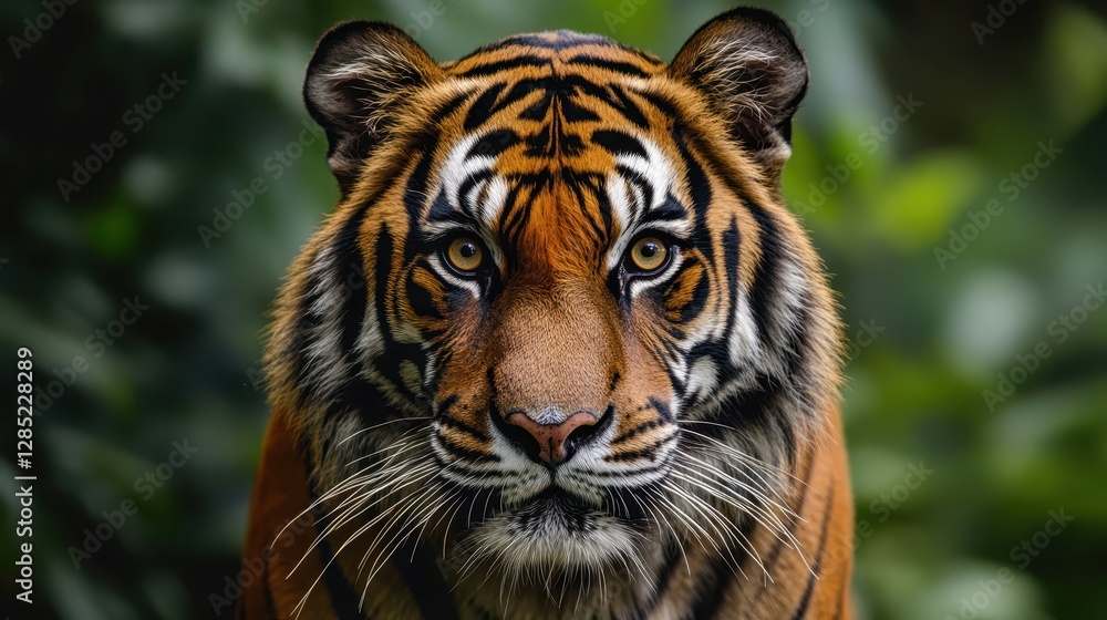 Fototapeta premium Majestic Tiger Staring with Intense Eyes in Lush Green Environment