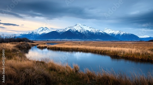 Majestic snow-capped mountains reflect in a serene river at twilight, surrounded by golden grasslands