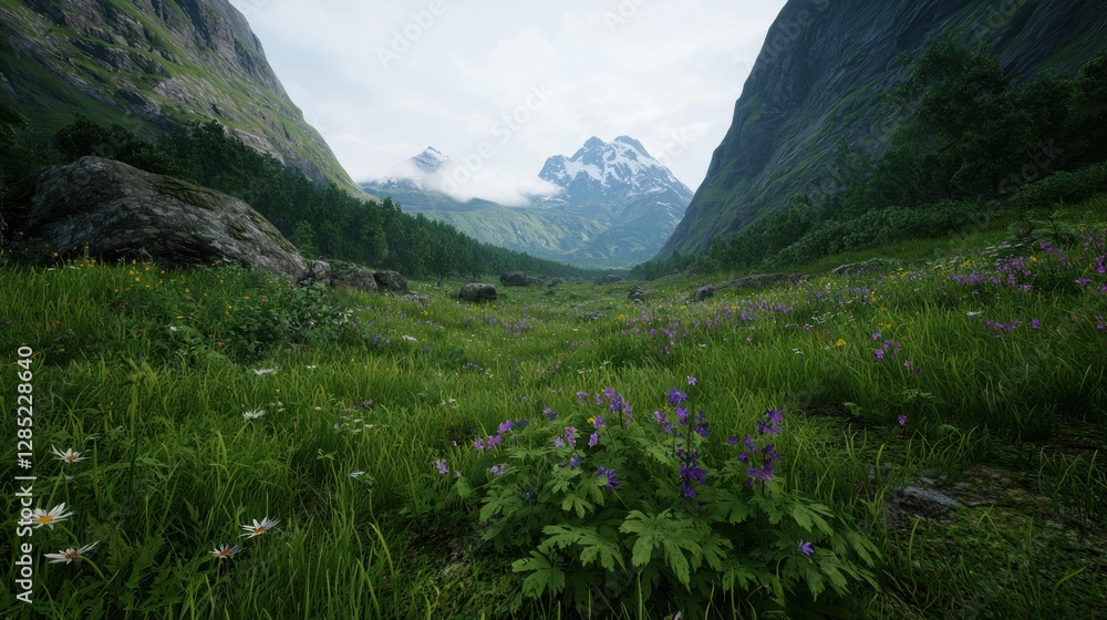 Fototapeta premium Serene valley landscape with vibrant wildflowers, towering mountains, and misty clouds in background