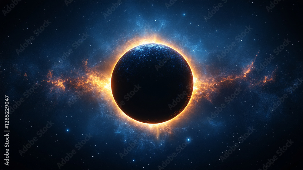 Obraz premium A massive black hole at the center of a cosmic nebula, symbolizing the gravitational pull of the universe, surrounded by a storm of light and shadows in the vastness of space