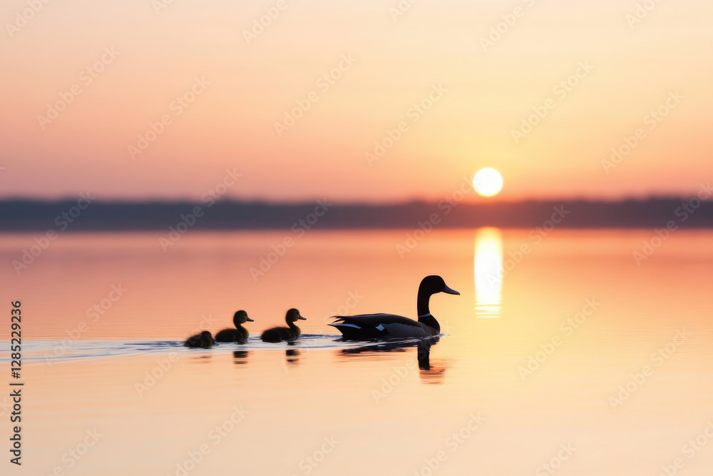 Fototapeta premium A mother duck and her three ducklings are swimming in a lake