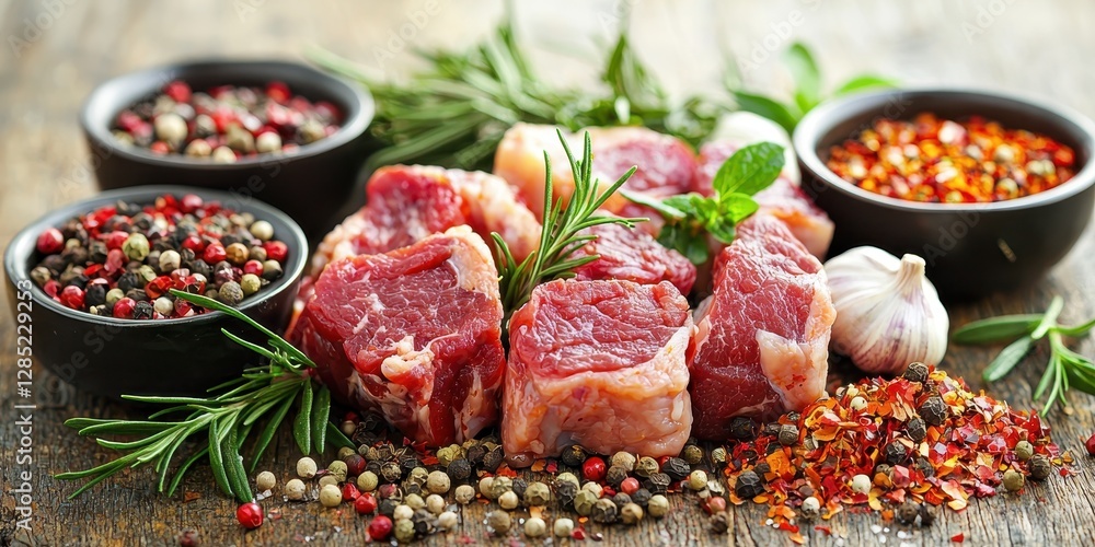 Fresh raw beef cubes with colorful peppers and rosemary on the table Fresh raw beef cubes with colorful peppers and rosemary on the table
