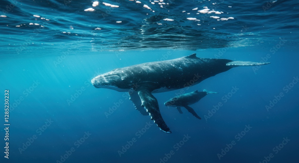 Fototapeta premium Humpback Whale Mother and Calf Swimming Together in Deep Blue Ocean