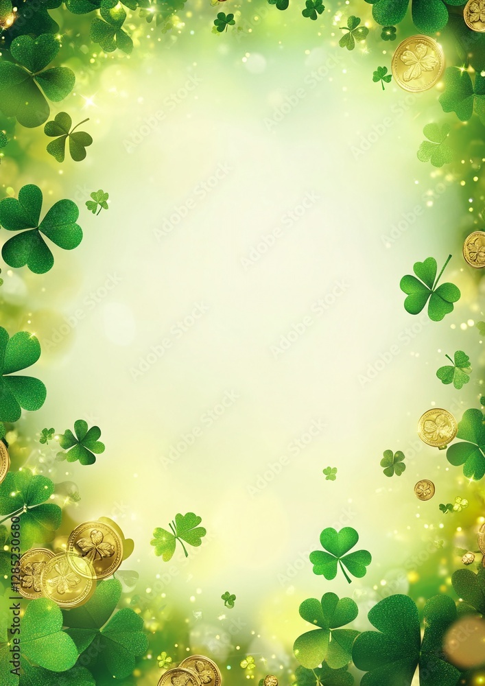 Festive St. Patrick’s Day Background with Gold Coins, Four-Leaf Clovers, and Sparkling Magic Festive St. Patrick’s Day Background with Gold Coins, Four-Leaf Clovers, and Sparkling Magic