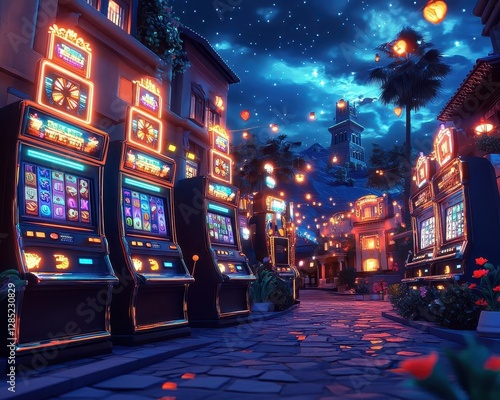 Wallpaper Mural The casino with glowing AR slot machines and cards, vibrant night setting, dynamic festive lighting, photorealistic Torontodigital.ca