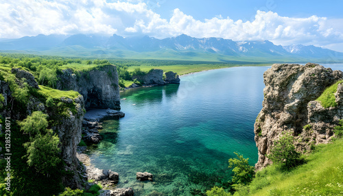 Coastal cliffs, clear water, mountain backdrop; serene summer landscape