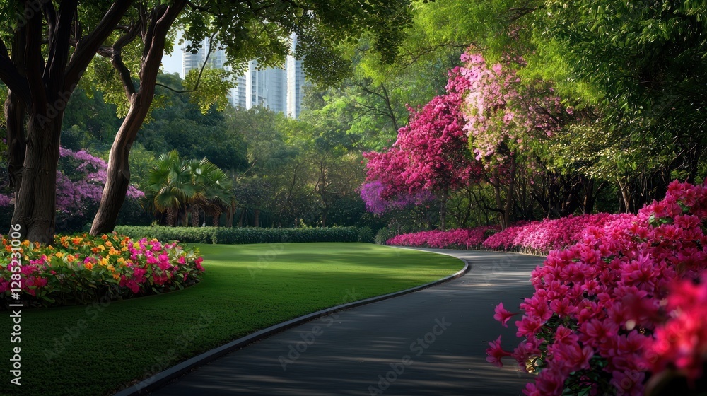 Fototapeta premium Vibrant park pathway lined with blooming flowers and lush greenery under a sunny sky