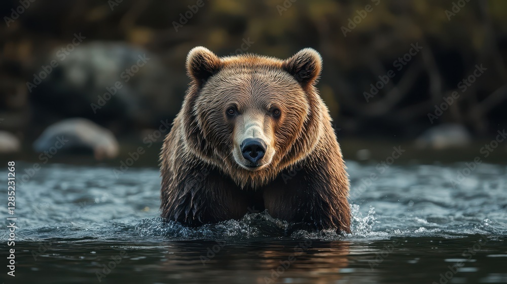 Powerful Brown Bear Standing in Clear River Water Surrounded by Nature Powerful Brown Bear Standing in Clear River Water Surrounded by Nature