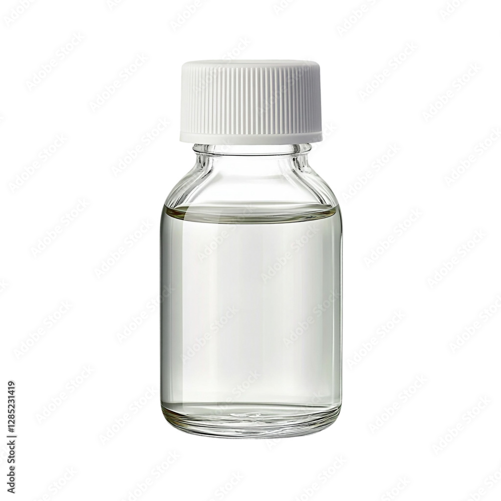 lear glass bottle with a white cap, ideal for storing liquids, essential oils, or laboratory samples. Isolated on transparent background, png lear glass bottle with a white cap, ideal for storing liquids, essential oils, or laboratory samples. Isolated on transparent background, png