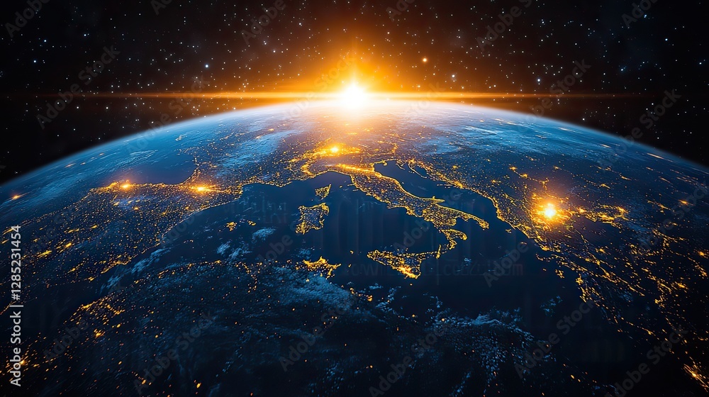 Fototapeta premium A digital globe showcasing interconnected blockchain networks and machine learning, highlighting Europe with brightly glowing nodes.