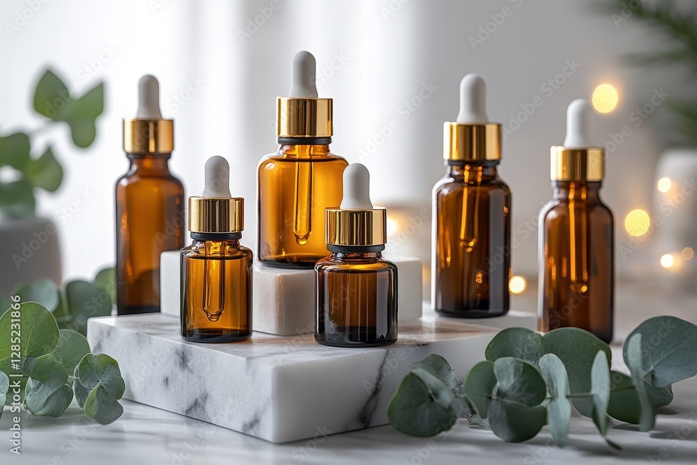 Elegant amber glass bottles with droppers and greenery backdrop Elegant amber glass bottles with droppers and greenery backdrop