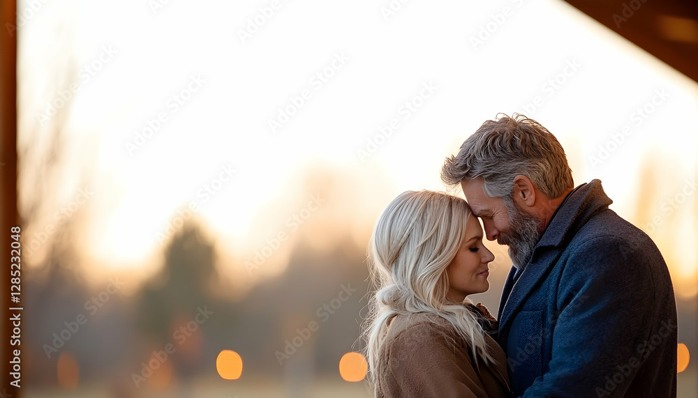 Fototapeta premium Couple embracing at sunset, park background, romance