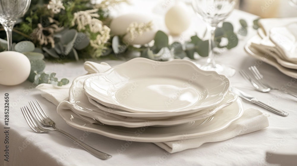 Elegant Easter Table Setting with White Porcelain Plate, Silver Cutlery, Linen Napkin, and Eucalyptus Branch Elegant Easter Table Setting with White Porcelain Plate, Silver Cutlery, Linen Napkin, and Eucalyptus Branch