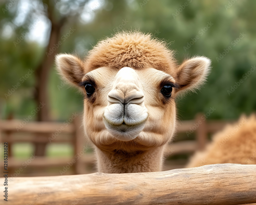 Obraz premium Cute camel portrait, zoo enclosure, green background, wildlife