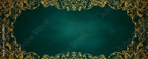 Elegant ornamental frame with golden filigree on a dark teal background