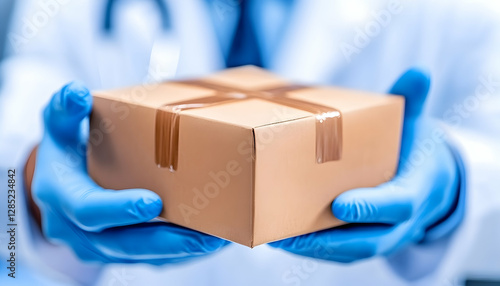 Doctor hands holding package; medical delivery