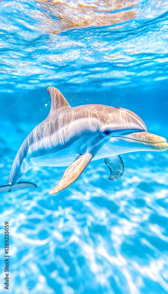 Fototapeta premium Dolphin swimming in turquoise ocean, underwater view