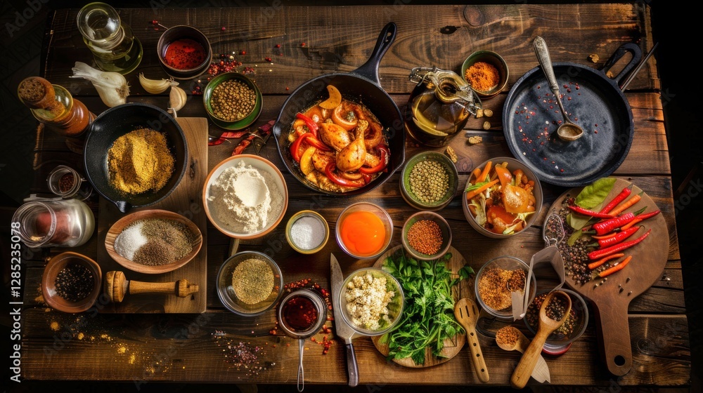 Table display of various chicken recipes with ingredients on a wooden surface including vegetables spices and sauces for meal preparation